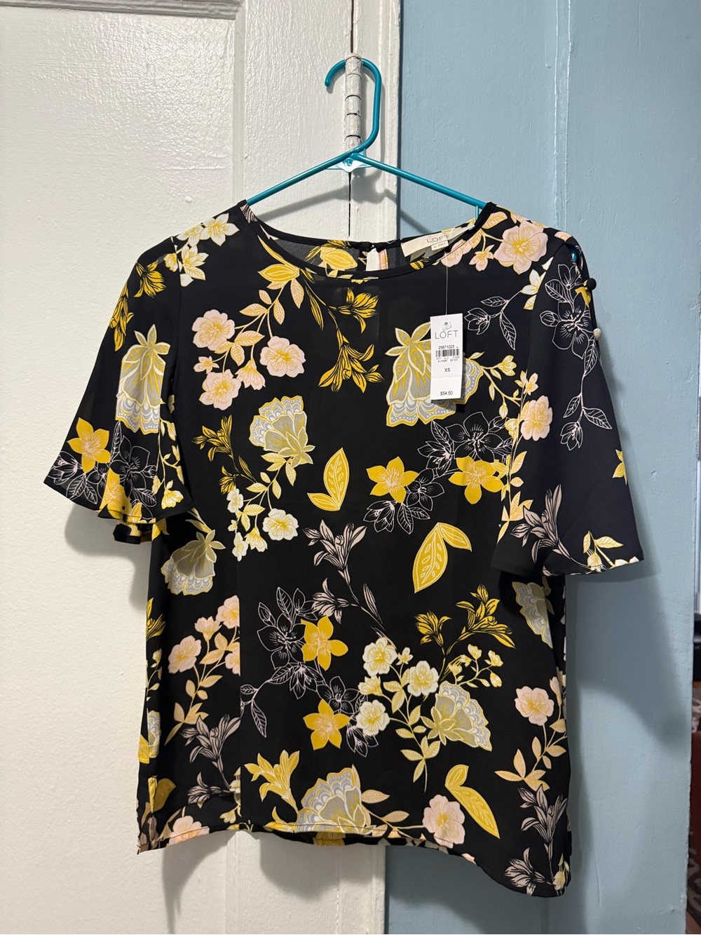 LOFT Black Floral Flutter Sleeve Top - Yellow & Pink Accents